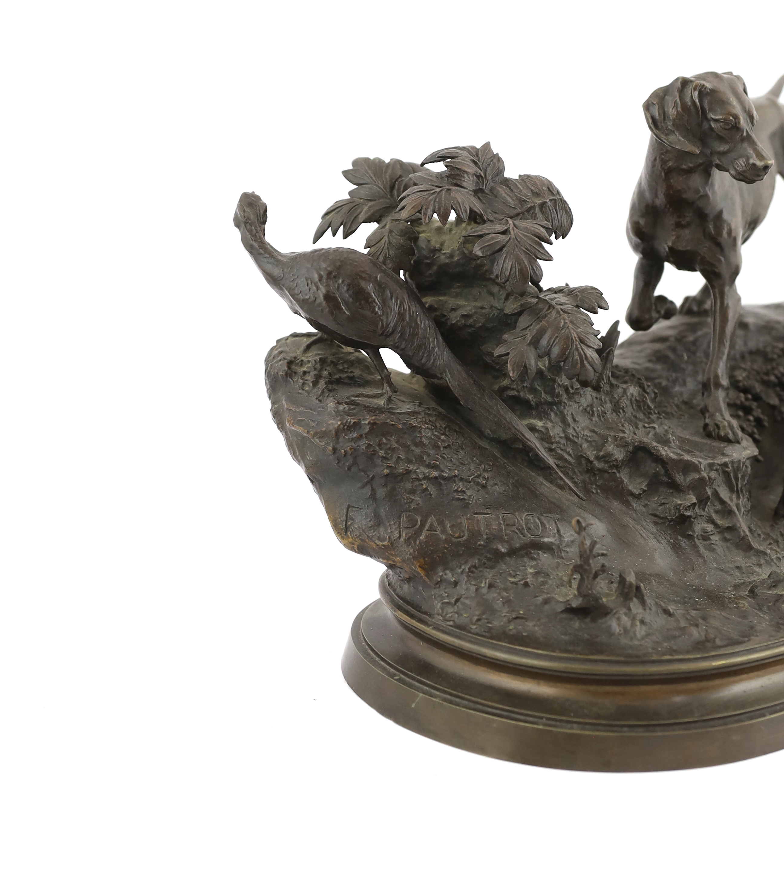 After Ferdinand Pautrot (1832-1874), a bronze group of a spaniel and a hound chasing a pheasant, 63cm wide, 29cm high